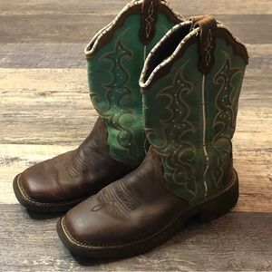 JUSTIN RAYA 12" PULL-ON WESTERN BOOTS have been worn lots but still have life